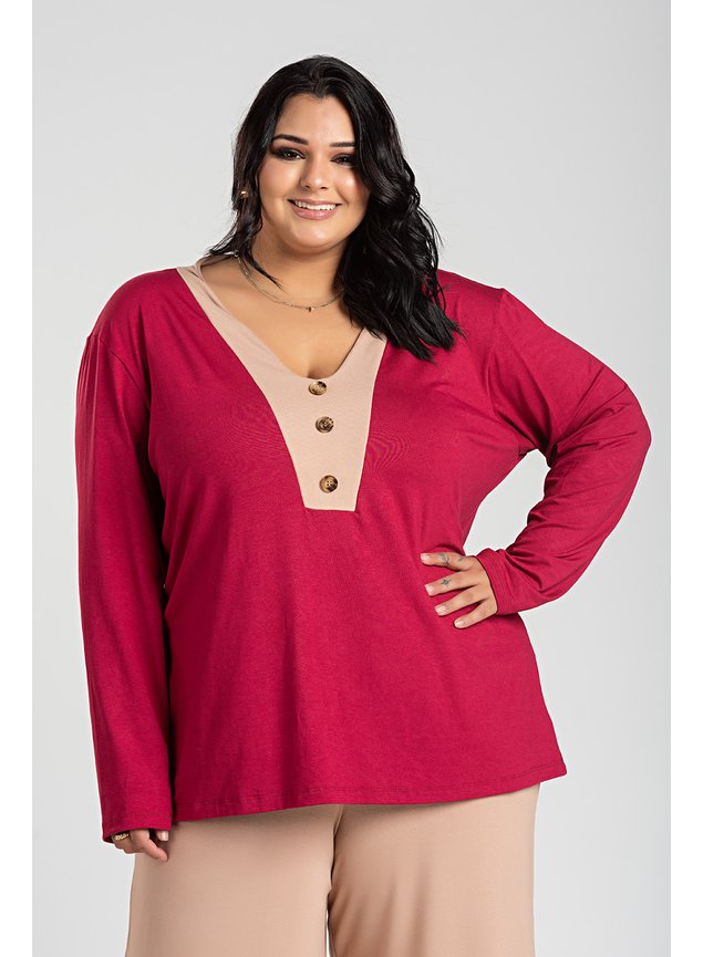 3034 blusa feminina plus size manga longa detalhe contrastante decote bordo 2