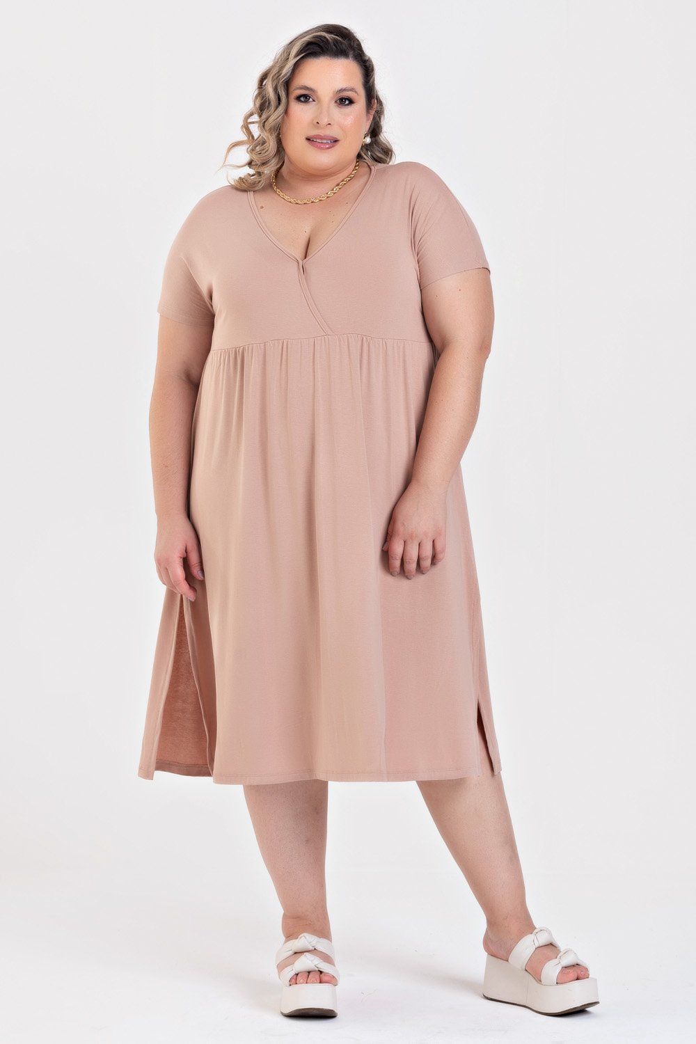 Vestido Plus Size Malha de Viscose Detalhe Transpassado - Serena