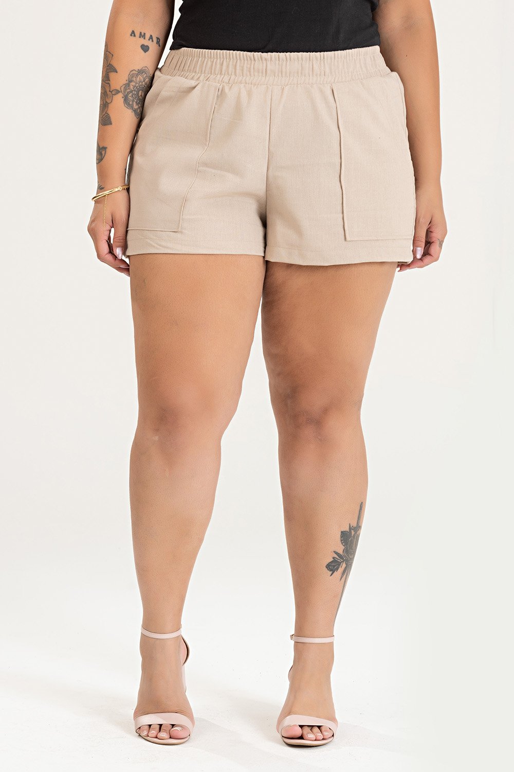 Shorts Feminino Plus Size Eco Linho C/ Bolso e Elastico no Cós