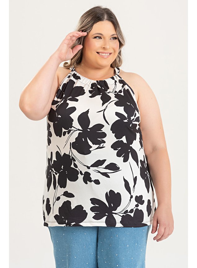 Regata Cava Americana Feminina Plus Size Malha Suede Estampada