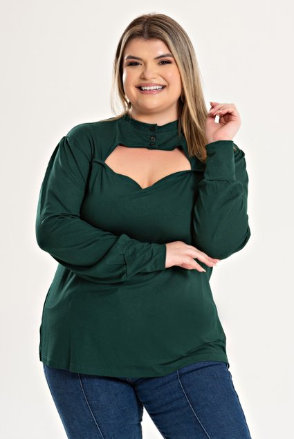 3197 blusa feminina plus size ml detalhe decote com botao 3