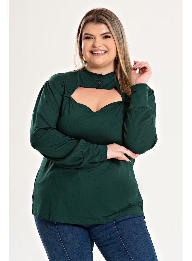 3197 blusa feminina plus size ml detalhe decote com botao 3