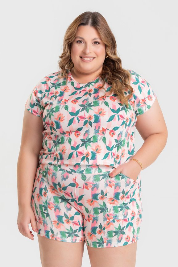 Blusa Plus Size Estampada Folhagem Vibrante | Camiseta Feminina Sublimada