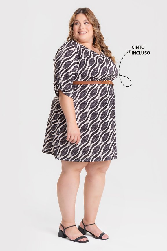 Vestido Plus Size Malha Fria Sublimado Mangas Alongas Decote V - Serena