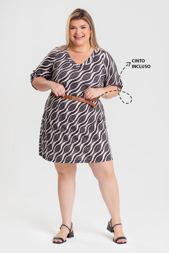 Vestido Plus Size Malha Fria Sublimado Mangas Alongas Decote V - Serena