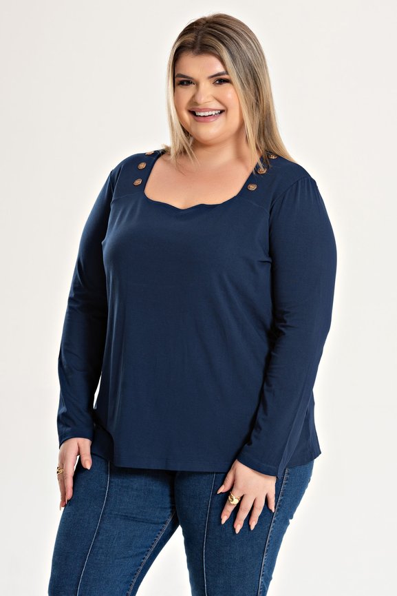 Blusa Feminia Plus Size Decote Quadrado E Detalhe Botão Decote