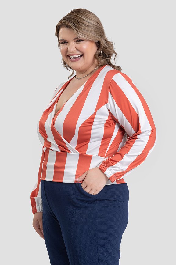 Blusa Feminina Plus Size Listrada Decote Transpassado - Serena