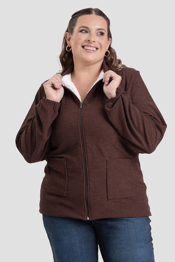 Jaqueta Plus Size Malha Cotelê com Teddy e Zíper Frontal