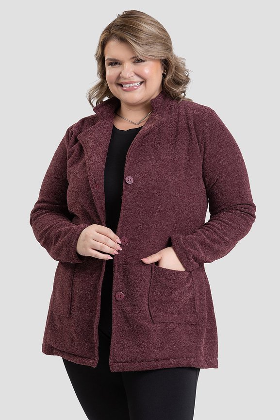 Sobretudo Plus Size em Bouclé Canelado com Botões e Bolsos